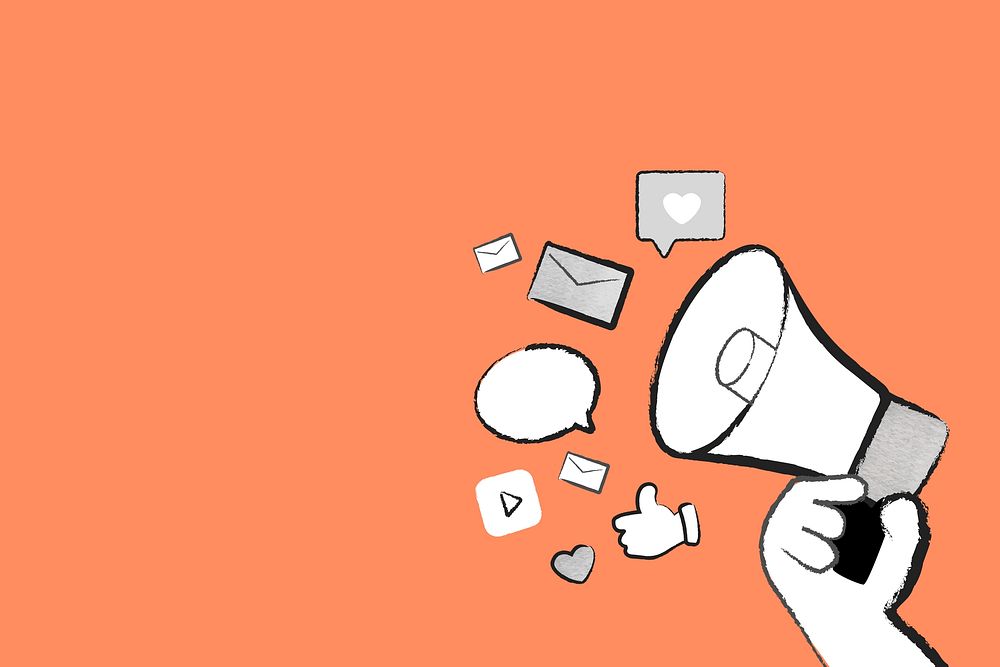 Orange marketing background social media advertising megaphone doodle illustration