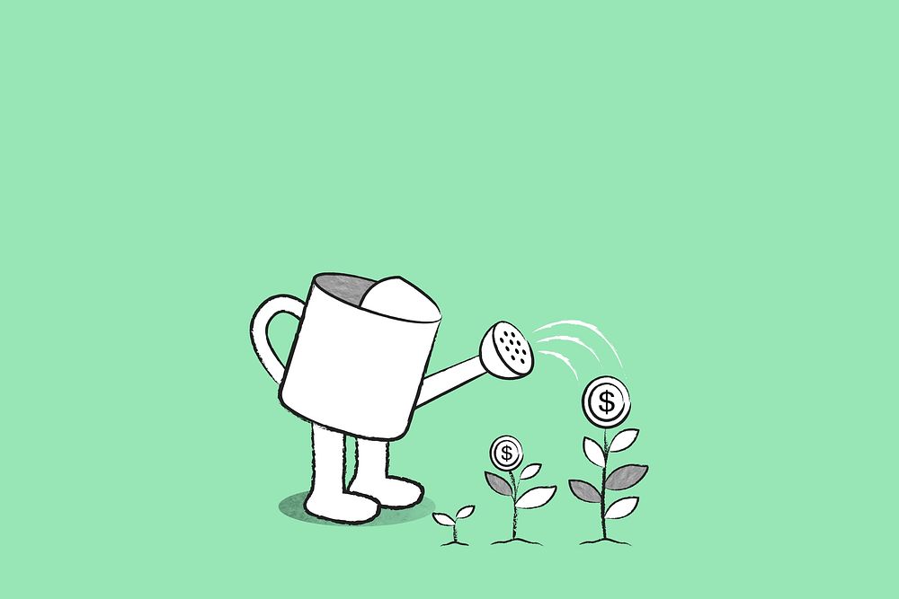 Green watering can background with doodle business growth illustration