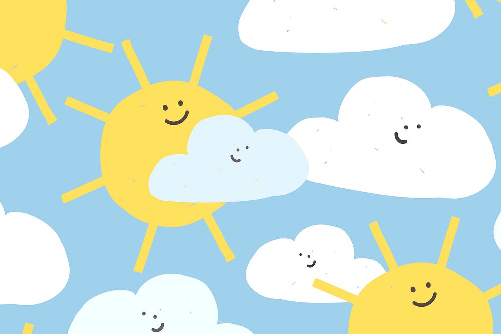 Happy weather pattern seamless background with doodle clouds and sun for kids