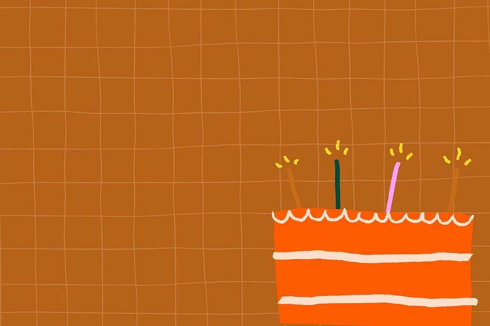 Brown grid birthday background vector with cute doodle cake