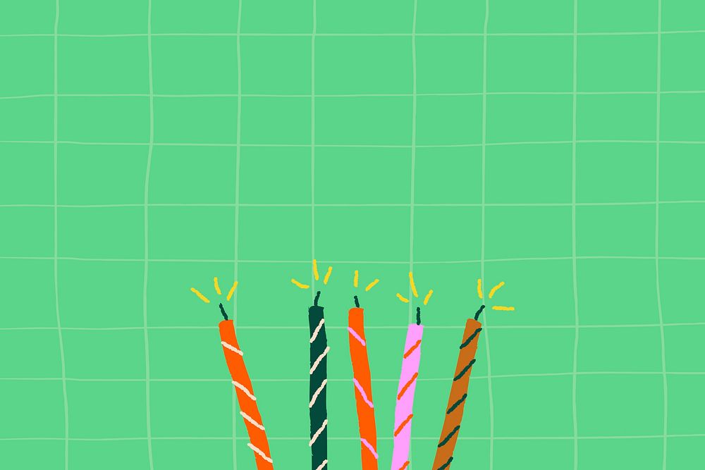Green grid birthday background vector with cute doodle candles