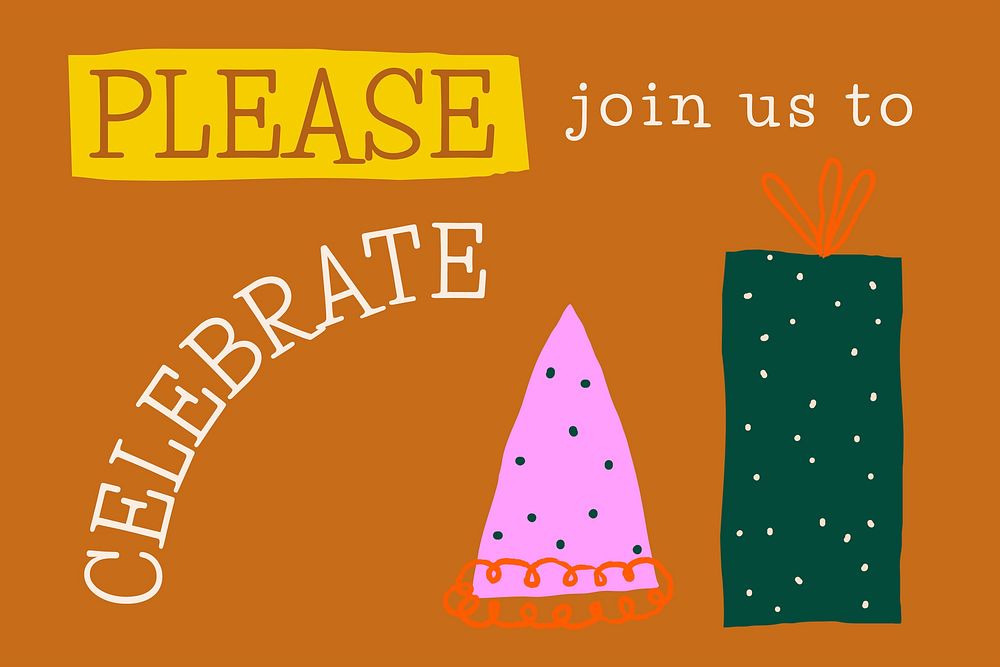 Colorful party greeting banner with please join us to celebrate text