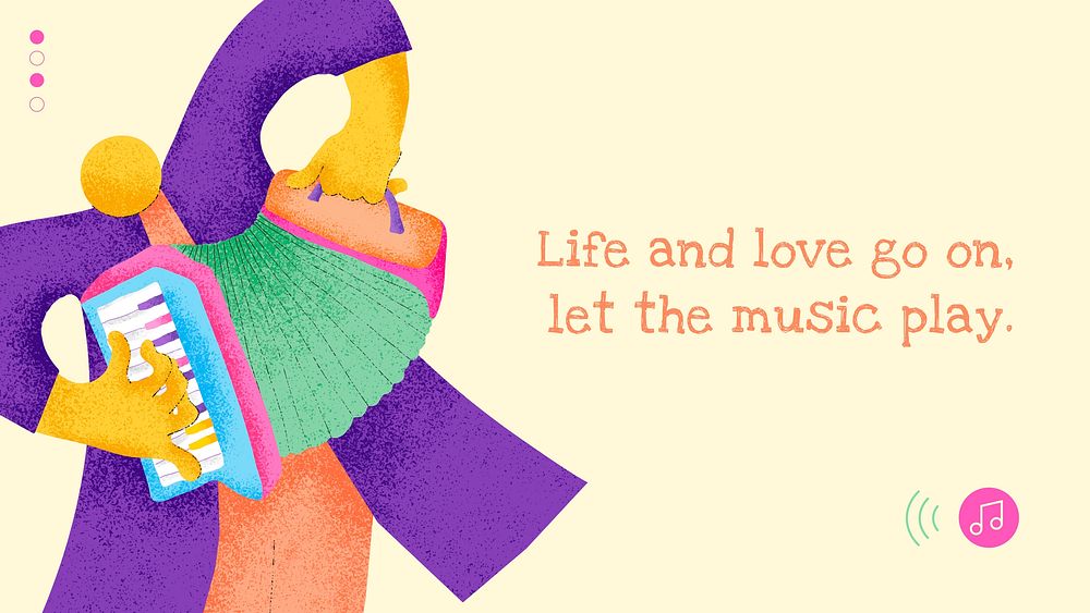 Musical beige blog banner flat design with inspirational quote life and love go on let the music play