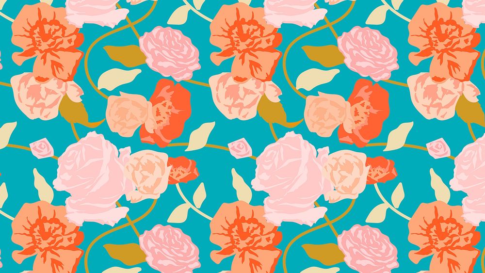 Green spring floral pattern vector with pink roses background