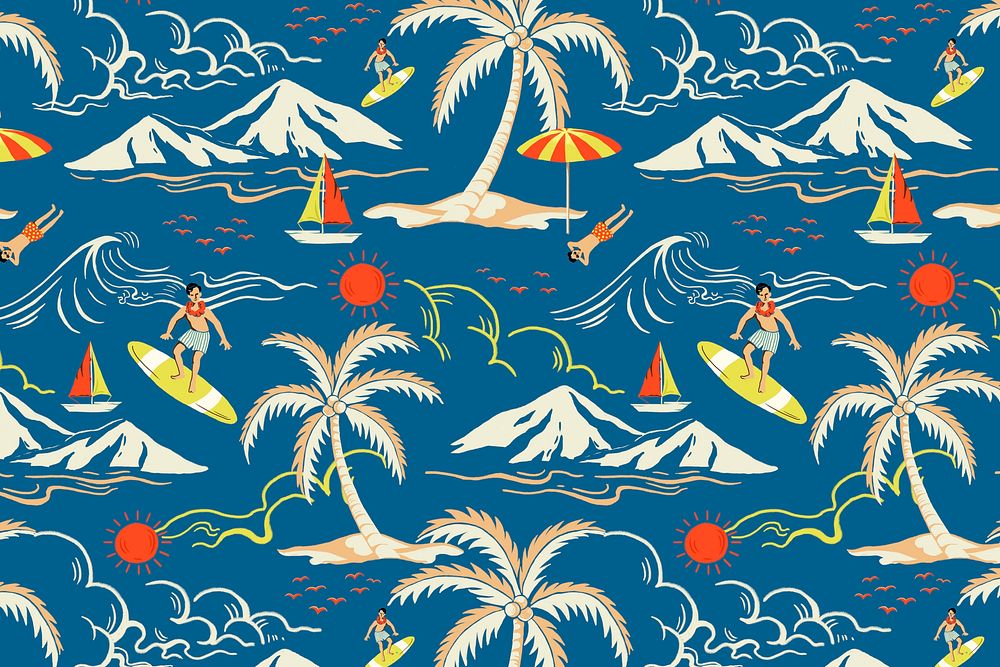Blue tropical island pattern with tourist cartoon illustration