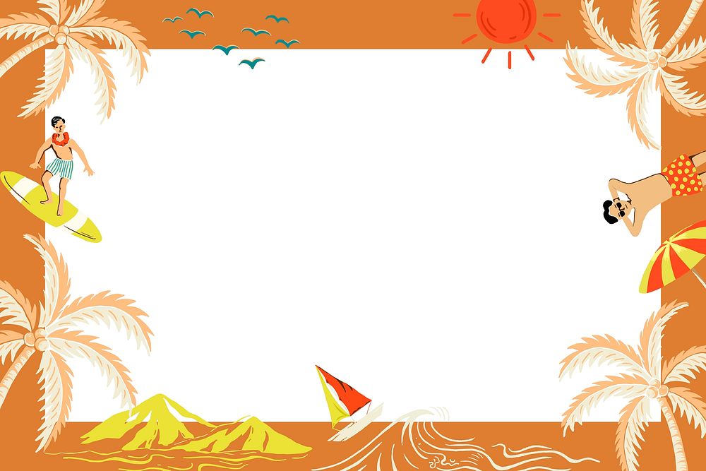 Tropical island orange frame vector in rectangle shape with tourist cartoon illustration