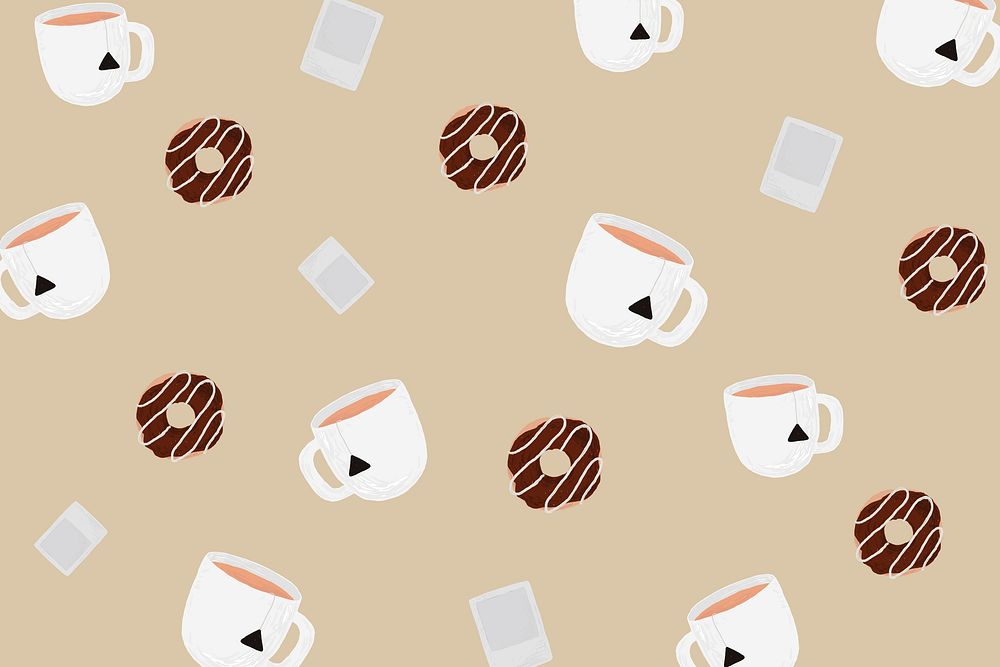 Tea cup patterned background with chocolate donut cute hand drawn style