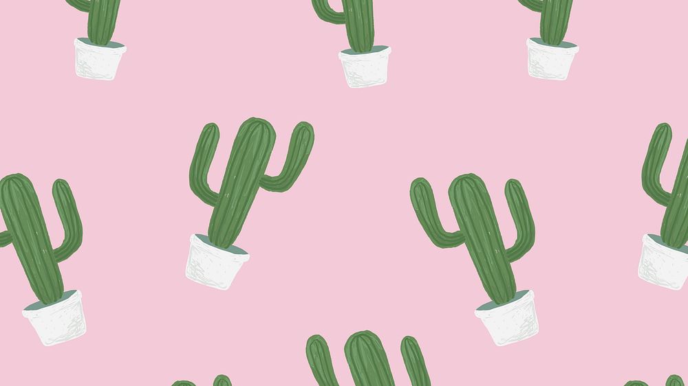 Cactus pot patterned background in pink cute hand drawn style