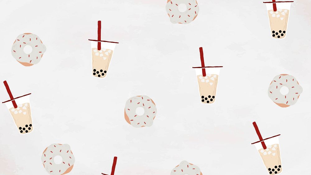 Boba tea patterned background with white sprinkle donut cute hand drawn style