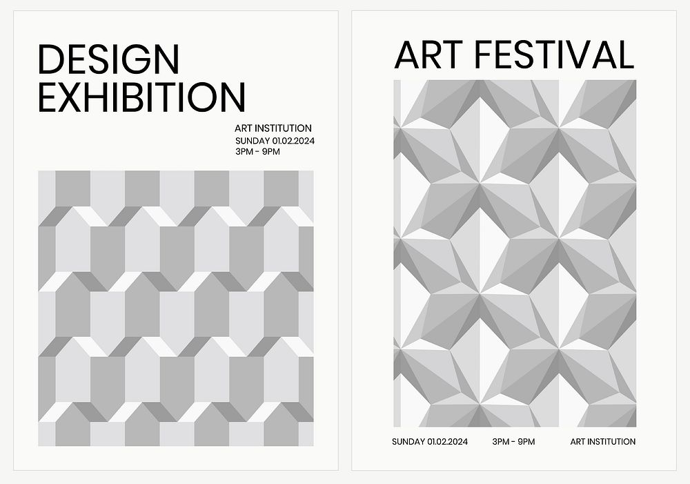Art exhibition geometric template vector ad poster geometric modern style dual set