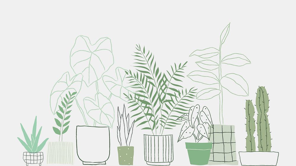 Potted houseplants background in green doodle style