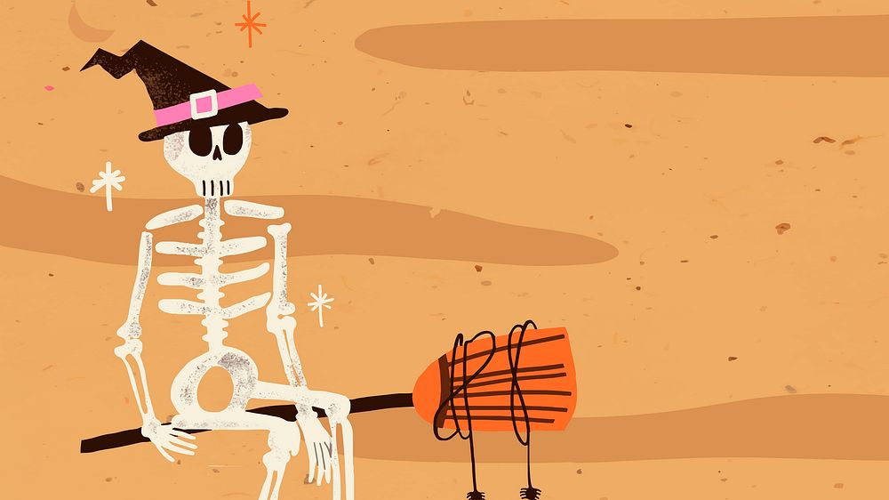 Cartoon Halloween background vector illustration, spooky skeleton witch