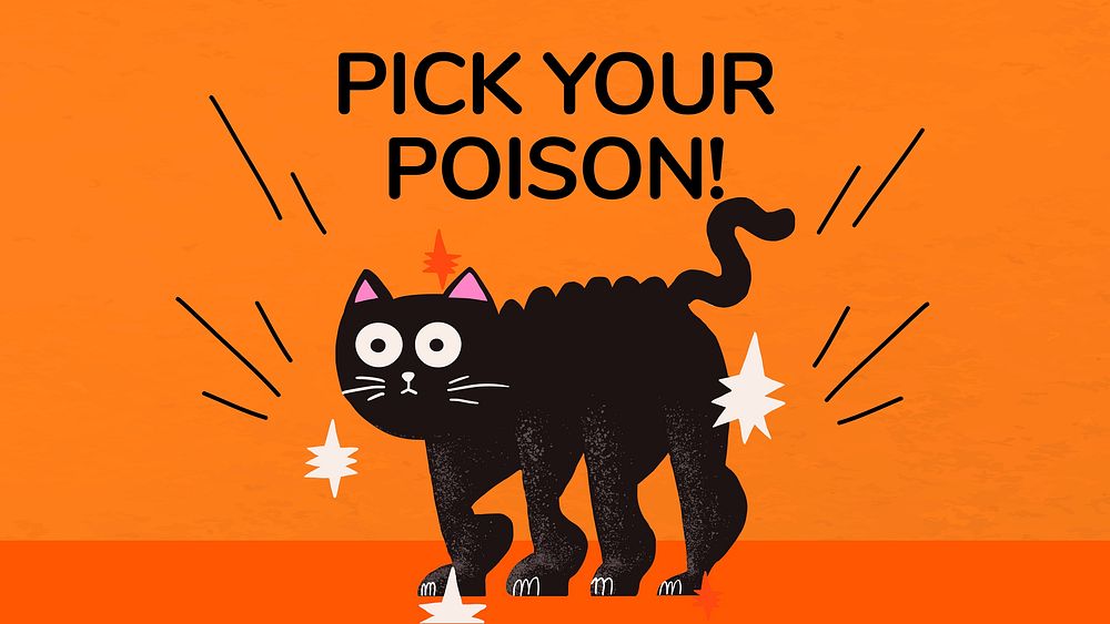 Cartoon Halloween banner, spooked black cat pick your poison text