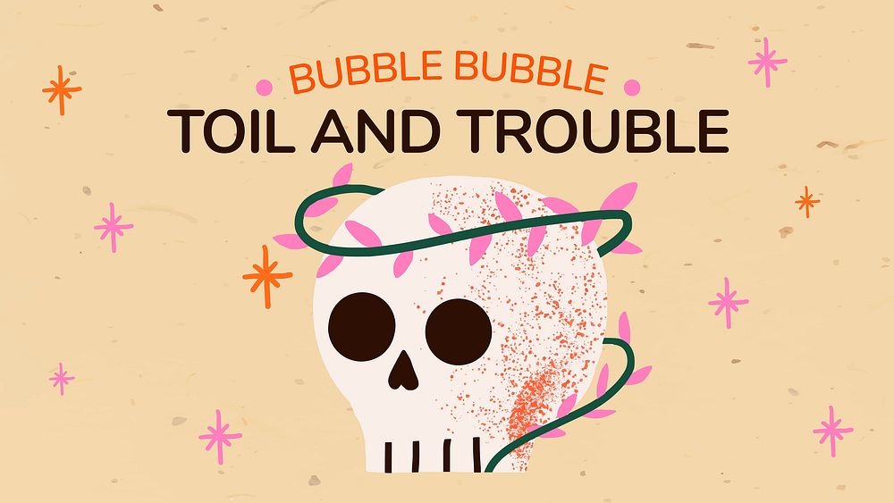 Cute Halloween banner, skull toil and trouble text