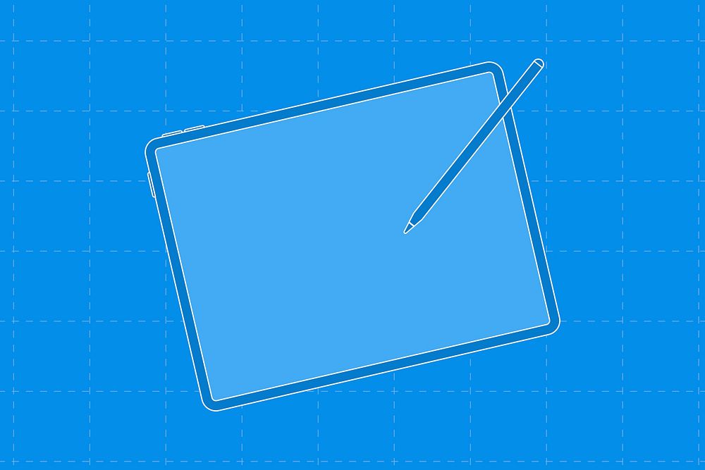 iPad, blue screen, stylus charging on top, digital device vector illustration