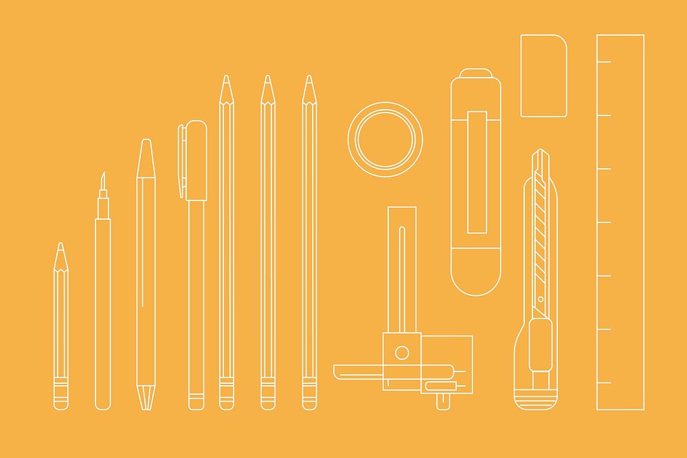 Orange stationery outline, vector illustration set