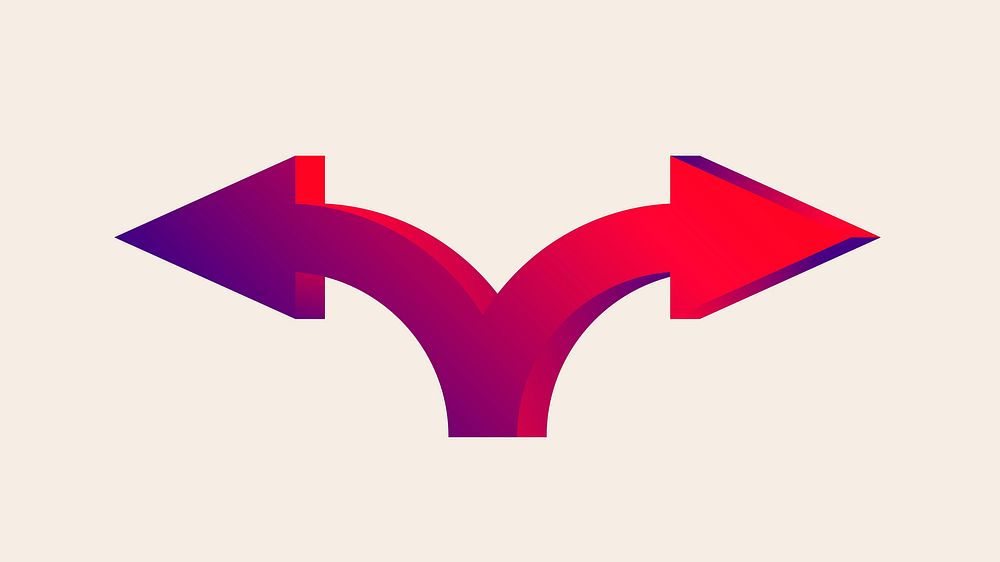 Split arrow sticker, traffic road direction sign in red vector gradient design