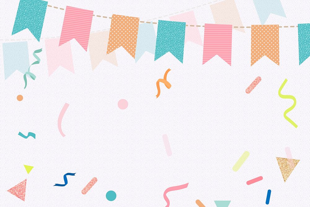 White festive background, cute bunting border and ribbons