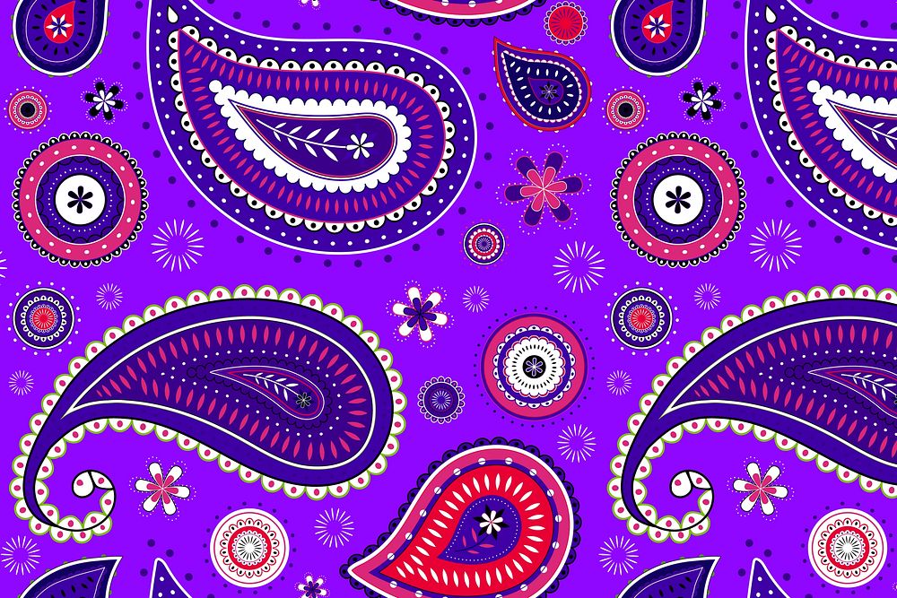 Purple paisley background, colorful flower pattern
