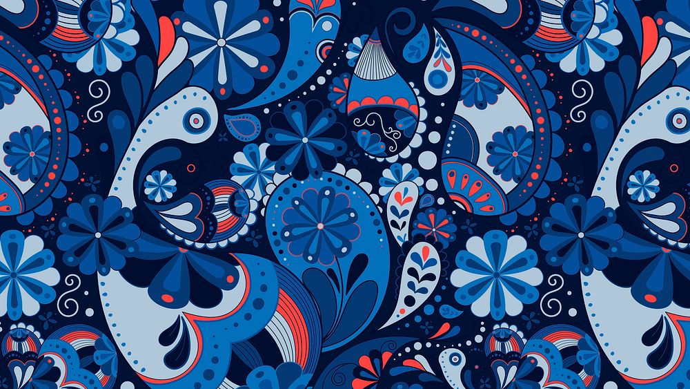 Blue paisley pattern computer wallpaper, Indian floral art