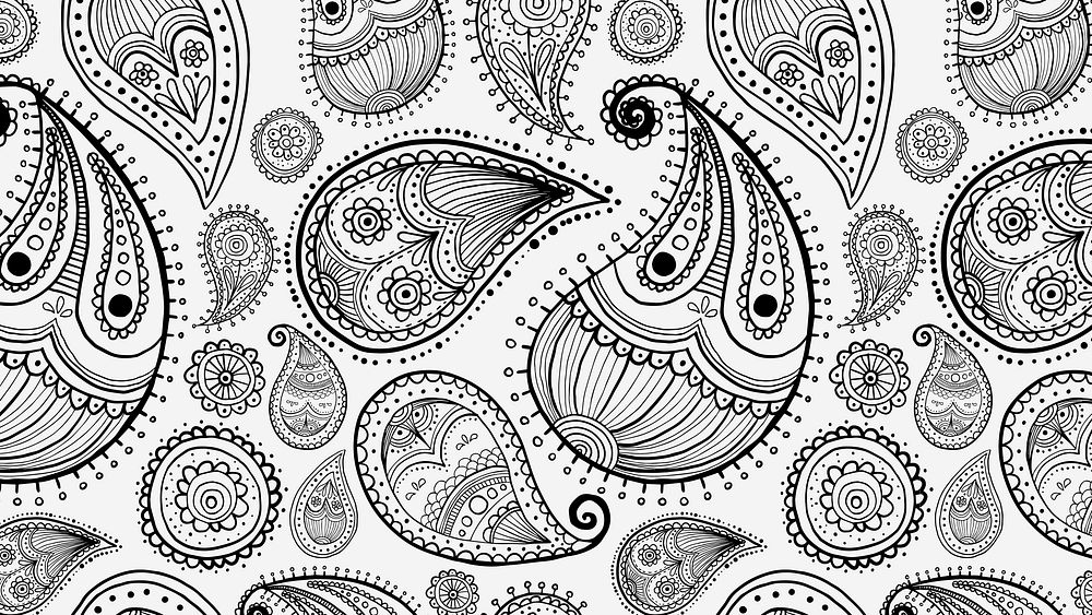 Paisley zentangle desktop wallpaper, abstract pattern background in black vector