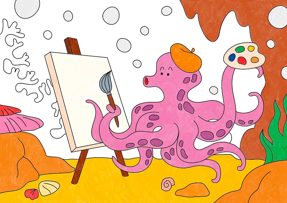 Octopus artist illustration, editable kids coloring page vector