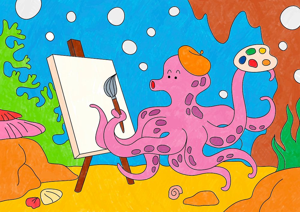 Octopus artist illustration, editable kids coloring page vector