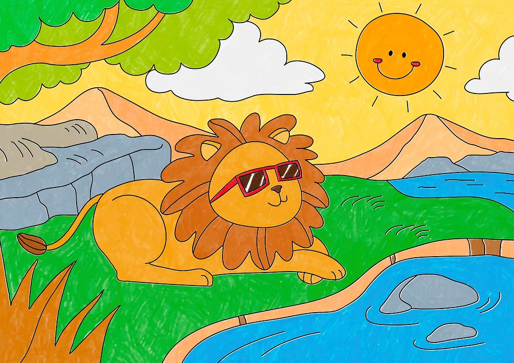Cool lion sunbathing illustration, editable kids coloring page vector