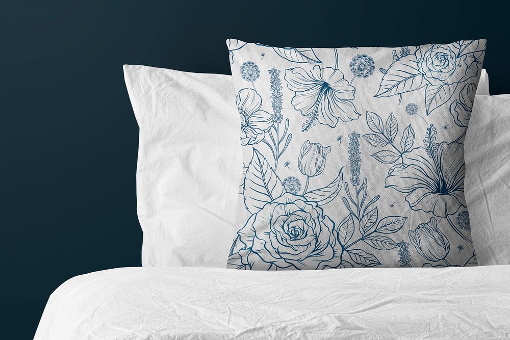 Floral cushion cover mockup, blue botanical pattern, realistic psd design