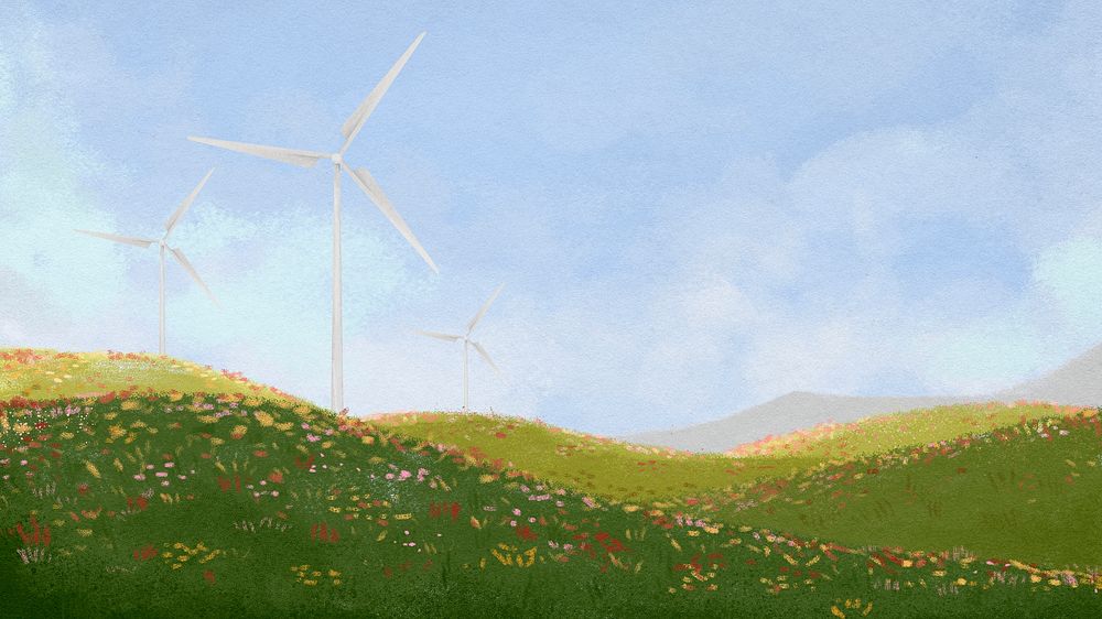 Wind farm landscape HD wallpaper, watercolor illustration psd