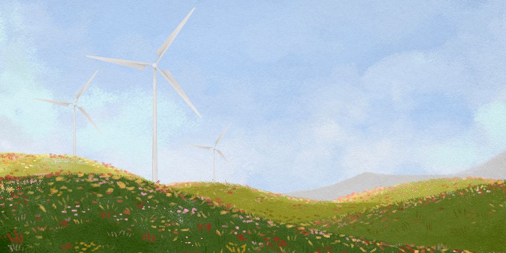 Wind farm landscape background, watercolor illustration