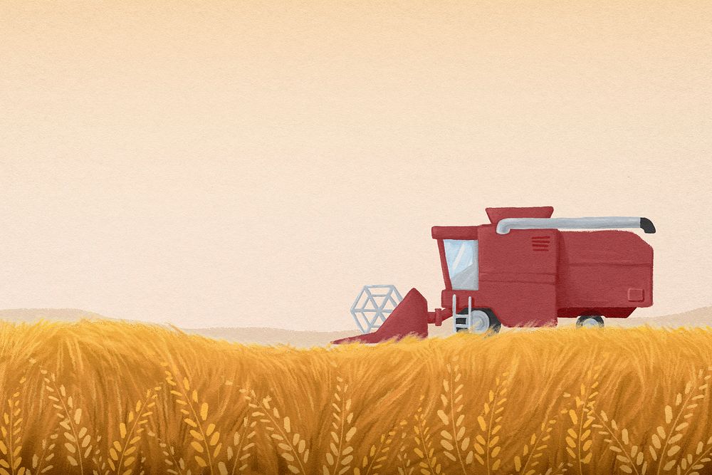 Aesthetic wheat field background, tractor, agriculture illustration psd