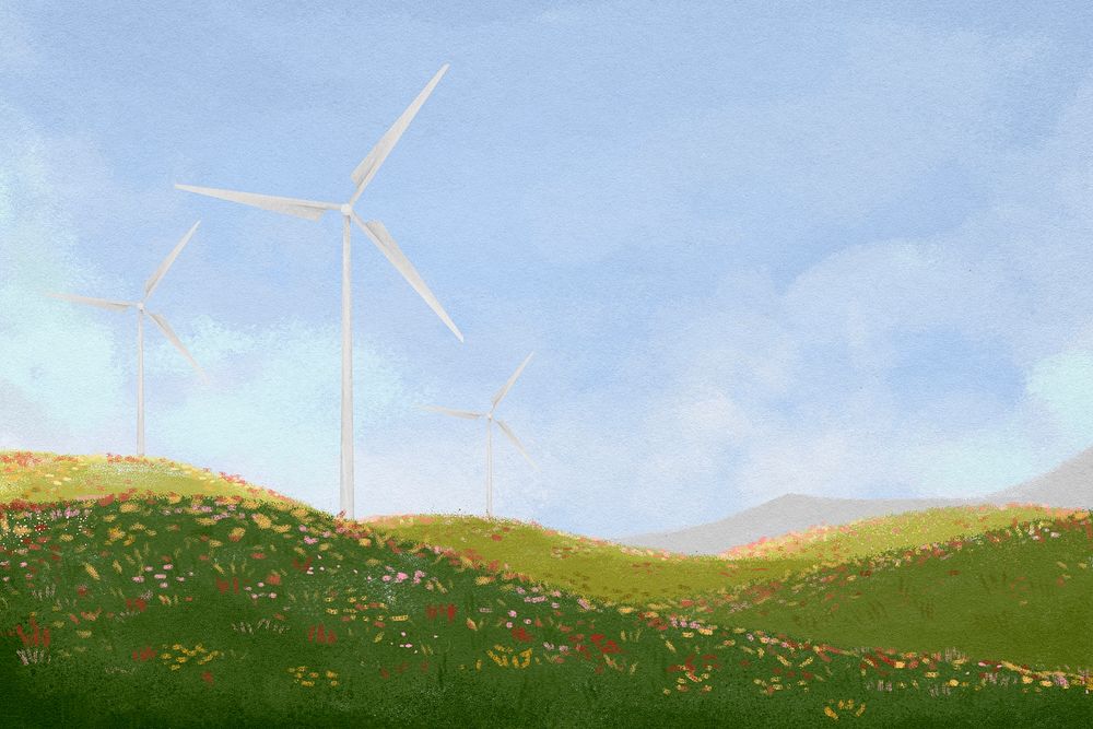 Wind farm landscape background, watercolor illustration