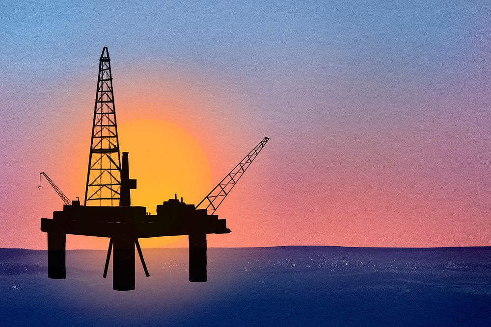 Oil rig sunset background, watercolor industrial illustration psd