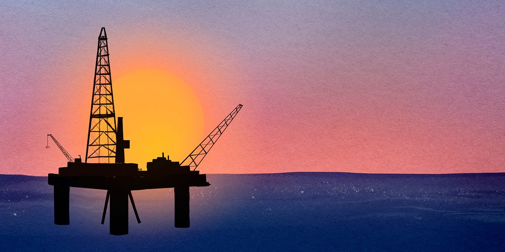 Oil rig sunset background, watercolor industrial illustration