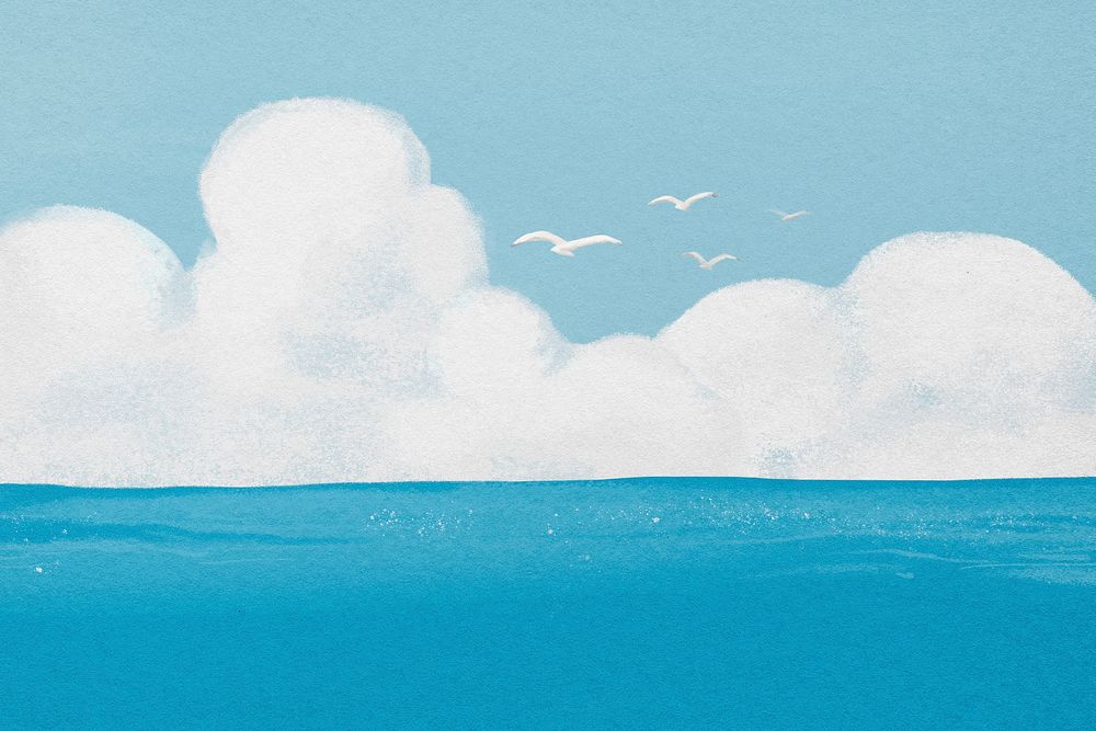 Ocean skyline background, watercolor nature illustration
