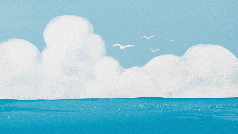 Ocean skyline desktop wallpaper, watercolor nature illustration