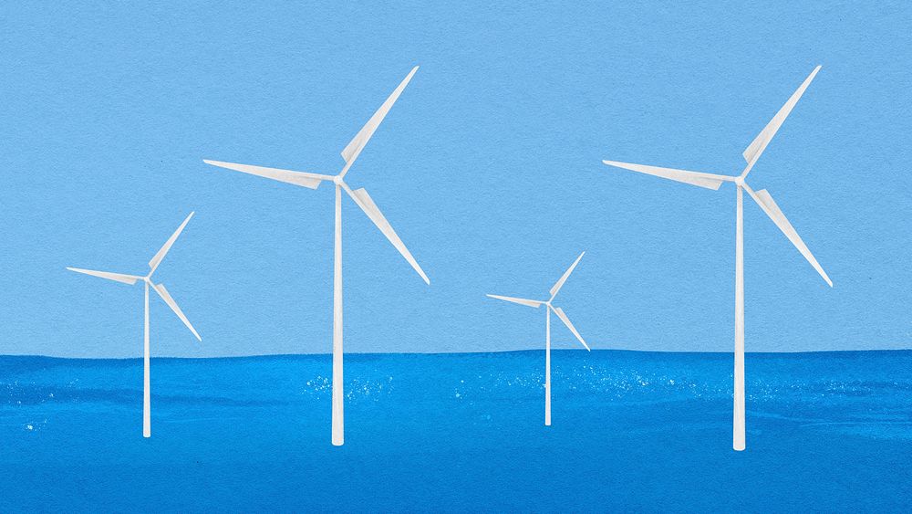 Offshore wind farm desktop wallpaper, environment, watercolor illustration