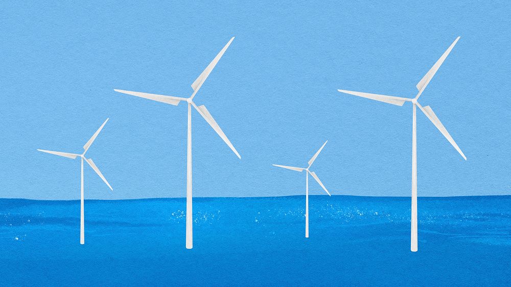 Offshore wind farm desktop wallpaper, environment, watercolor illustration psd