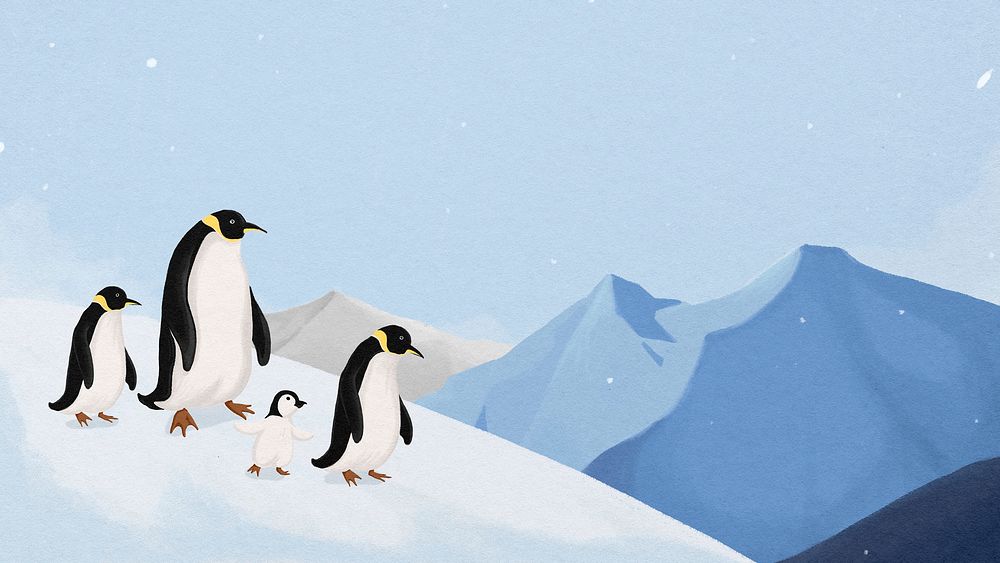 Winter penguins computer wallpaper, aesthetic HD background psd