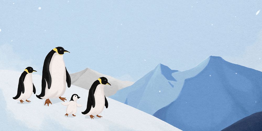 Winter penguins background, cute animal illustration