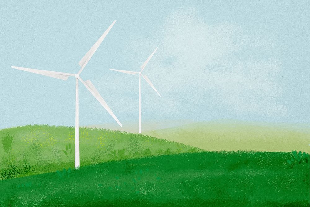 Wind farm background, watercolor landscape illustration psd