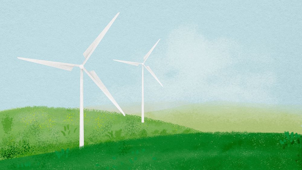 Wind farm computer wallpaper, watercolor landscape, high resolution background psd