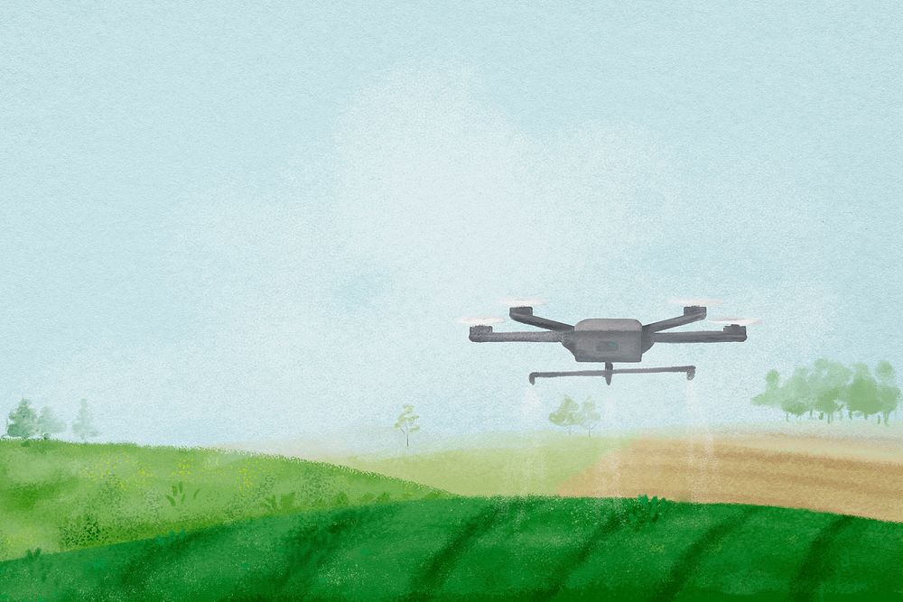 Smart farming background, watering drone, landscape illustration