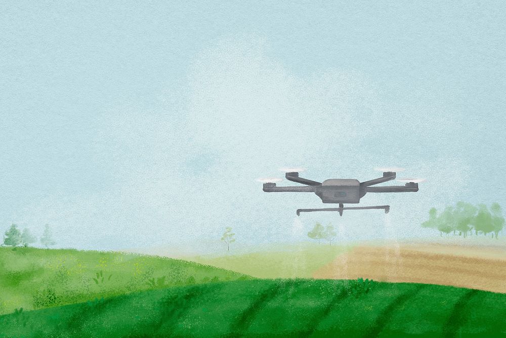 Smart farming background, watering drone, landscape illustration psd