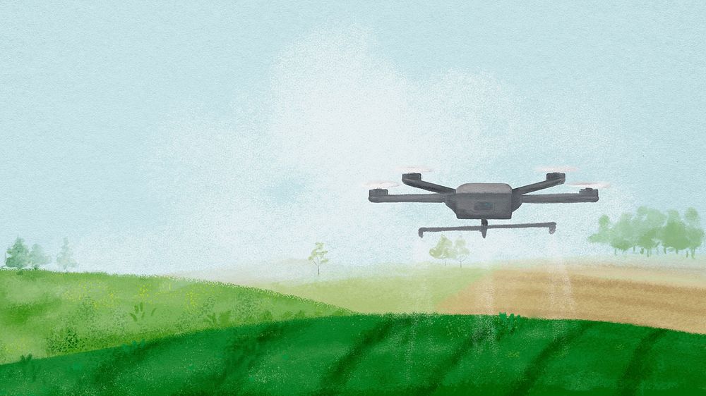 Smart farming desktop wallpaper, watering drone, landscape background