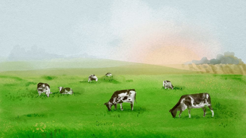 Farm landscape desktop wallpaper, watercolor HD background psd