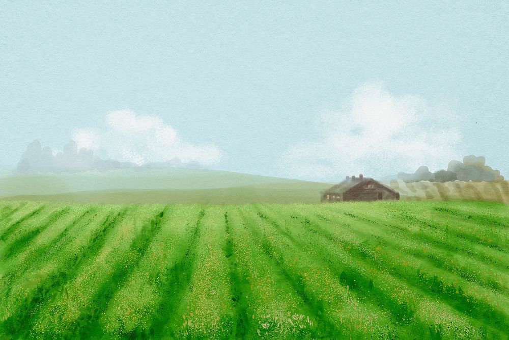 Farm landscape background, watercolor illustration psd