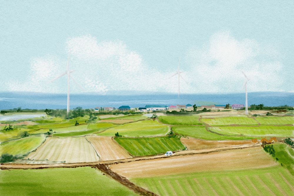 Watercolor agriculture background, farm landscape illustration