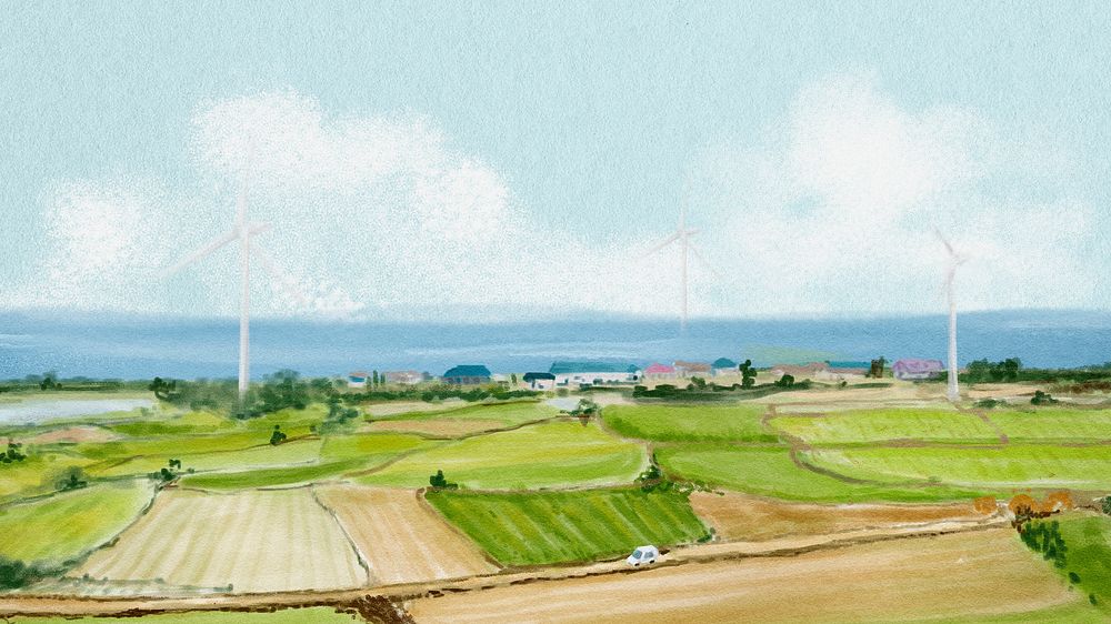 Watercolor agriculture desktop wallpaper, farm landscape HD background